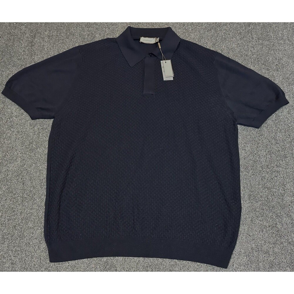 New Canali Textured Cotton-Modal Knit Polo Shirt Men’s IT 56 US  XXL Navy $695